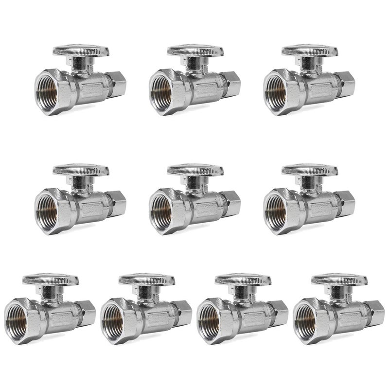 EFIELD (Pack of 10) EFIELD 1/2" FIP Iron Pipe x 3/8" Compression Chrome 1/4-Turn Straight Stop Water Shut-off Ball Valve,(VALVE057-10PCS) - Image 1